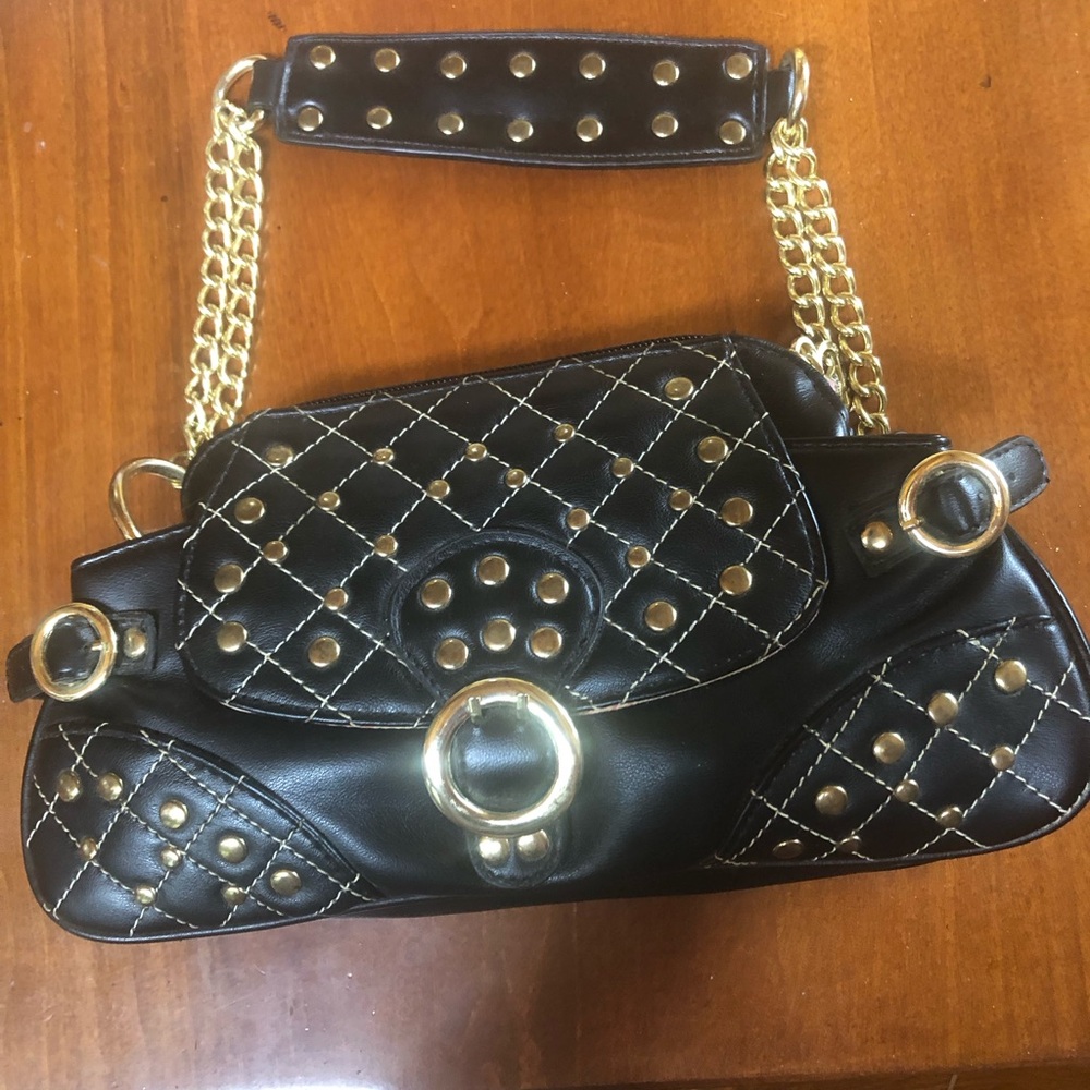 Paris Hilton Black Quilted Studded Shoulder Bag with Gold Chain Accent